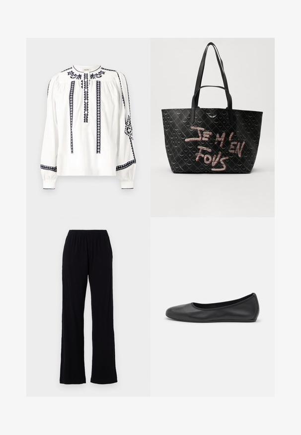 Bela bluza z dolgimi rokavi z mornarsko modrimi vezeninami, z gumbi spredaj, nabranimi podrobnostmi na rokavih in okroglo ovratnikom.; Črne, lahke, elastične hlače z ravnim krojem. Mehka tekstura brez vidnih vzorcev ali dodatkov. Preprost in vsestranski slog.; Črne usnjene balerinke z zaobljenim nosom, gladko teksturo, minimalnimi šivi in fleksibilno zasnovo podplata.; Črna torba z ramenskimi trakovi, izdelana iz teksturiranega materiala z diamantom vzorcem, ter drznim rdečim in belim besedilom "JE M'EN FOUS."