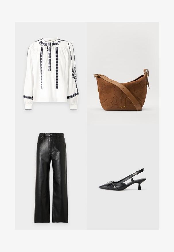 Blouse blanche à manches longues avec des motifs brodés bleu marine, devant boutonné, détails plissés sur les manches, et encolure ronde.; Pantalon large en cuir noir avec une finition brillante, doté de poches avant, d'une braguette zippée et d'une fermeture par bouton. Texture lisse sur toute la surface.; Chaussure slingback en cuir noir avec un bout pointu, des sangles décoratives avec œillets en métal et un petit talon carré. Surface texturée.; Sac à épaule en suede marron avec un motif floral en relief, complété par une bandoulière en cuir marron lisse et des accents en métal doré.