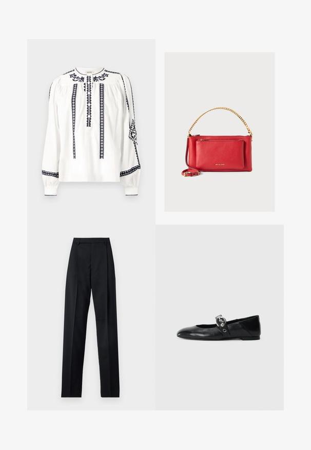 Blouse blanche à manches longues avec des motifs brodés bleu marine, devant boutonné, détails plissés sur les manches, et encolure ronde.; Pantalon noir en tissu lisse avec taille haute, jambes larges, plis à l'avant et passants de ceinture classiques. Pas de poches latérales visibles.; Ballerines en cuir noir avec un bout pointu, dotées d'une sangle avec une boucle métallique circulaire et d'une semelle plate.; Sac à main en cuir rouge avec une finition texturée, chaîne et sangle dorées, poche zippée avant et logo en relief. Design compact et structuré.