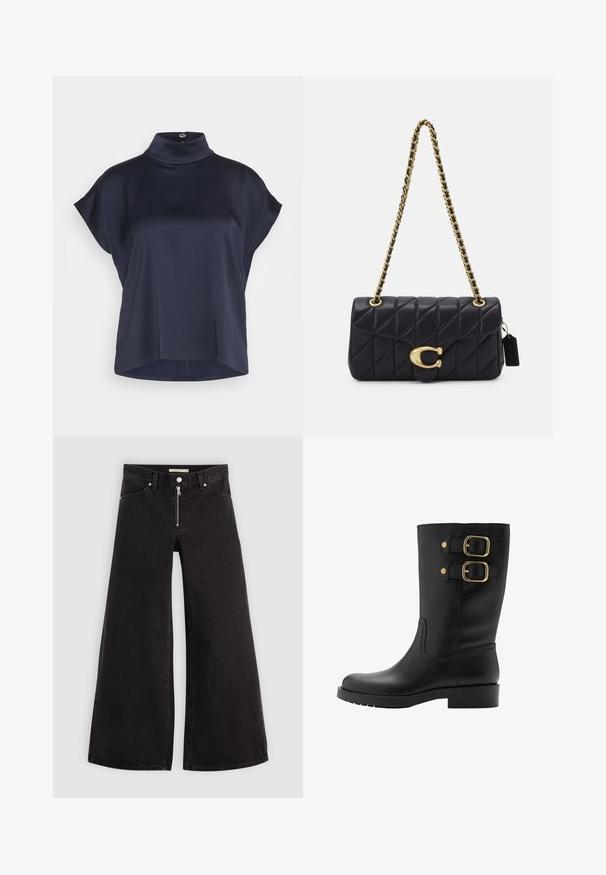 DRYKORN ALARIA - Blus - blue; Breda jeans i svart denim med dragkedja fram, femfickorsdesign och subtila sömdetaljer. Slät textur och avslappnad stil.; Svart läderankelboot med två gyllene spännen och rund tå. Har en låg blockklack och strukturad sula för bra grepp.; Svart, vadderad handväska med en guldkedjesnor, som har en distinkt guldkrok och en liten tagg, med en texturerad läderyta.
