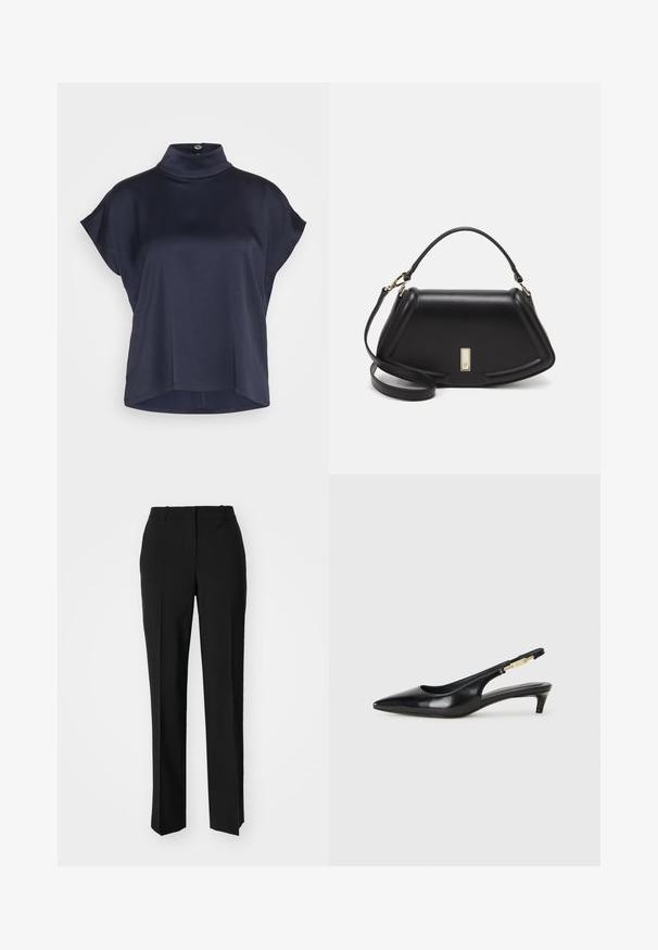 DRYKORN ALARIA - Camicetta - blue; Pantaloni neri su misura con un design a gamba dritta, caratterizzati da una texture liscia e pieghe ben definite sul davanti. Senza hardware visibile.; Tacchi slingback in pelle nera con punta affusolata, caratterizzati da un tacco alto e un accento dorato sulla cinghia regolabile. Texture liscia.; Borsa a mano in pelle nera con un design strutturato, caratterizzata da una forma corta, manico superiore e accessori in metallo dorato. Inclusa tracolla regolabile.