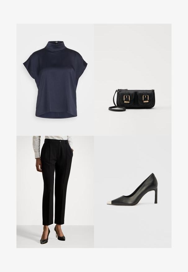DRYKORN ALARIA - Blusa - blue; Calças acamadas pretas com cintura alta, apresentando pregas, fecho de botão e bolsos laterais. Feitas de um tecido suave.; Sapato de salto alto em couro preto com bico apontado e biqueira metálica prateada. Apresenta um acabamento liso e um salto esguio de 10 cm.; Bolsa de ombro em couro preto com dois bolsos frontais, fivelas douradas, fecho de zíper e uma alça fina. Superfície texturizada e forma retangular compacta.