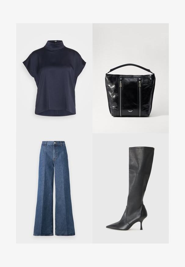 DRYKORN ALARIA - Bluse - blue; Weite blaue Jeans mit hoher Taille, im klassischen Five-Pocket-Stil und mit Knopfverschluss, aus strukturierter Baumwollstoff gefertigt.; Knöchelhoche schwarze Lederstiefel mit einer spitzen Zehe und einem schlanken Stiletto-Blockabsatz. Glatte Textur mit einer enganliegenden Passform und Nähten am oberen Rand.; Schwarze Lackleder-Tote mit doppelten Vorderreißverschlüssen, einer strukturierten Form und einem kurzen Griff. Enthält ein kleines silbernes Logo am Boden.