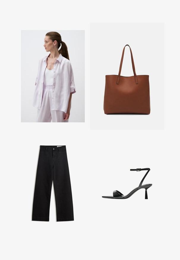 Jimmy Key LOOSE FIT THREE QUARTER SLEEVED SLIT - Overhemdblouse - lilac; Zwarte denim broek met wijde pijpen en een hoge taille, voorzien van voor- en achterzakken, gestikte naden en een knoopsluiting. Gladde textuur.; Bershka Sandalen met hoge hak - black; Bruine leren tote bag met een gladde textuur, een ontwerp met een open bovenkant en twee schouderbanden. Kenmerkt zich door minimale stiksels en geen zichtbare hardware.