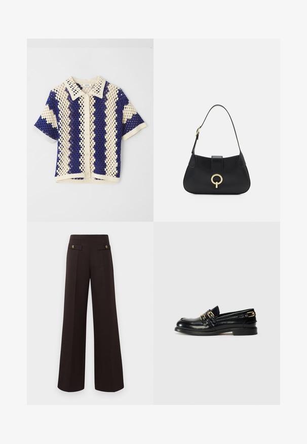 Rövid ujjú kötött póló galléros nyakkal, krém és tengerészkék gyémántmintával, gombos elejével és textúrázott felületével.; Sötétbarna, magas derekú, széles szárú nadrág, elülső redőkkel és díszes gombos zsebfedéllel a derekánál.; Fekete bőr loaferek fényes felülettel, két arany csattal és alacsony sarkú kialakítással. Sima tapintású, lekerekített orrú dizájn.; Fekete bőr kézitáska ívelt sziluettel, rövid pánttal, középen aranyszínű hardware-rel és sima textúrával. Nincsenek látható minták vagy kiegészítők.