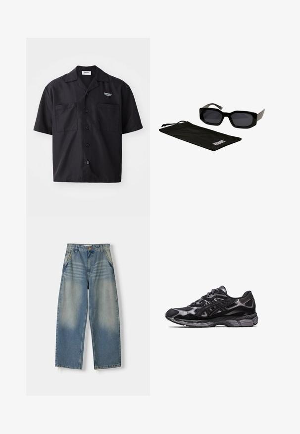 Črna kratka majica s kratkimi rokavi in ovratnikom, z dvema sprednjima žepoma in gumbom spredaj. Ima subtilno zeleno logotip na levem prsnem delu.; Svijetloplavi traper široke nogavice s izblijedjelim završetkom, dizajnom s pet džepova i sirovim rubom. Ima prednje zatvaranje na dugme i patentni zatvarač.; Črne športne čevlje z zgornjim delom iz mrežaste in usnjene tkanine, ki imajo teksturiran dizajn in trden, oblazinjen sivi podplat.; Črne sončna očala z oglatimi, prenagljenimi okviri in temnimi lečami, vključno s črnim mikrovlakenim etuijem z logotipom.