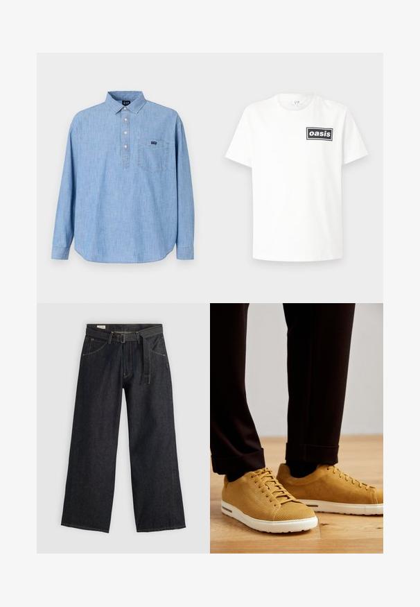 Lys blå chambray-skjorte med krage, knappestolpe og en brystlomme med brodert logo. Lange ermer med knappemansjetter.; Hvit bomulls t-skjorte med en svart rektangulær logo med ordet "oasis" sentrert. Kortermet og klassisk rundhalsdesign.; Mørk denim vidde bukser med belte i midjen, som har frontlommer og kontraststing. Glatt tekstur med et rent design.; Gule ribbede sneakers med hvite såler, med rund tå, snøring og teksturert overflate, brukt med svarte oppbrettede bukser på tregulv.