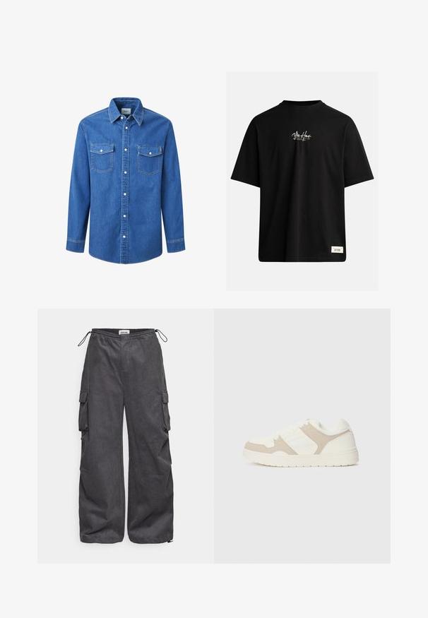 Denim srajca v modri barvi z dolgimi rokavi, standardnim ovratnikom, dvema žepoma na prsih, zapenjanjem spredaj z gumbi in kontrastnimi šivi.; Črna kratka majica s kratkimi rokavi, izdelana iz bombaža. Ima majhen bel logotip na prsih in pravokotno etiketo spodaj desno.; Sive hlače s teksturirano tkanino, elastičnim pasom, vrvico in stranskimi žepi. Ohlapen kroj z širokimi nogavicami.; Bež in bela športna obuvala z mešanico gladkih in semiš tekstur, okroglo konico, vezalni sistem in raven gumijast podplat.