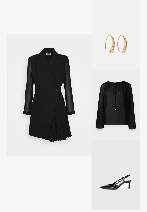 Schwarze transparente Bluse mit langen Ärmeln, gerafftem Ausschnitt und einer Kordel mit silbernen Akzenten. Leichte und fließende Textur.; Schwarzes maßgeschneidertes Kleid mit einem Blazer-Stil-Oberteil, transparenten langen Ärmeln, einem einzelnen Knopfverschluss und einem Faltenrock-Detail.; Schwarze Lack-Slingback-Pumps mit spitzem Zehenbereich, versehen mit strukturiertem Schlangenprint, verstellbarem Riemen und einem kurzen, strukturierten Blockabsatz.; Schwarze Leder-Umhängetasche mit zwei vorderen Taschen, goldenen Schnallen, Reißverschluss und einem schmalen Tragegurt. Texturierte Oberfläche und kompakte rechteckige Form.; Goldfarbene Metall-Hoops mit einer geschwungenen, länglichen Form. Sie verfügen über eine glatte, glänzende Oberfläche und eine abgerundete Spitze für zusätzliche Details.