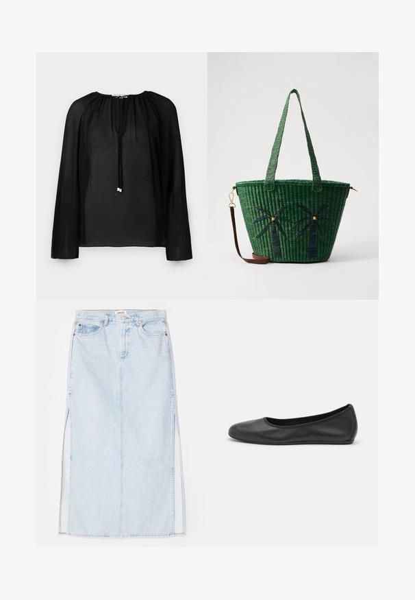 Blusa negra transparente con mangas largas, escote fruncido y un cordón con acentos plateados. Textura ligera y fluida.; Falda maxi de mezclilla azul claro con corte recto, que presenta aberturas laterales y diseño de cinco bolsillos. Costuras prominentes y cierre de botón metálico.; Bailarina de piel negra con punta redondeada, textura suave, detalle de costura minimalista y diseño de suela flexible.; Bolsa de tote tejida verde con diseños de palmeras en verde más oscuro; cuenta con dos asas y una correa de cuero marrón desmontable.