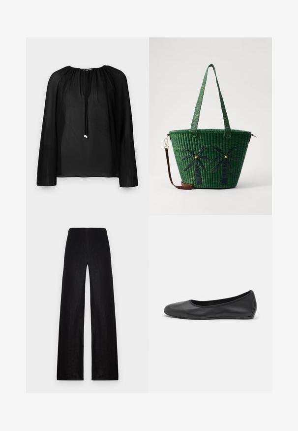 Svart gjennomsiktig bluse med lange ermer, rynket halsringning og snøring med sølvdetaljer. Lett og luftig tekstur.; Svarte vide bukser laget av lett stoff. Har høy midje, glatt tekstur og rene linjer uten lommer eller dekorasjoner.; Svart skinnballettflatt med rund tå, glatt tekstur, minimal sømdetalj, og et fleksibelt såledesign.; Grønn vevd totebag med palme-design i mørkere grønn; har to håndtak og et avtakbart belte i brunt lær.