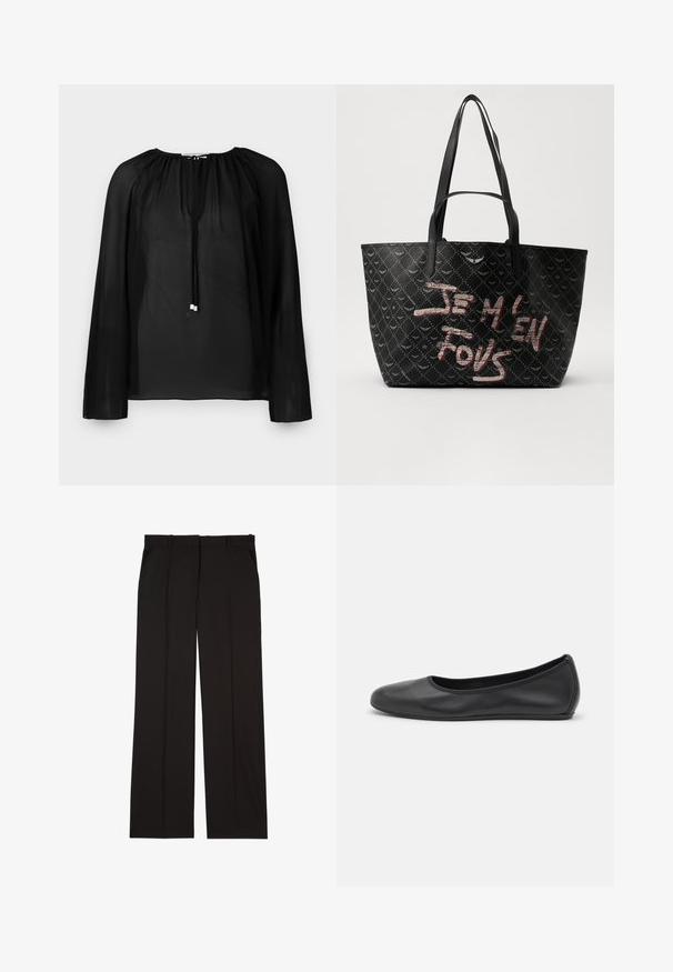 Crna prozirna bluzica s dugim rukavima, nabranim izrezom i uže s srebrnim detaljima. Lagana i prozračna tekstura.; Crne krojene hlače izrađene od glatkog materijala, s ravnim krojem i dva bočna džepa. Elegantna i minimalistička konstrukcija.; Crne kožne baletanke s zaobljenim vrhom, glatke teksture, minimalnim detaljima šavova i fleksibilnim dizajnom potplata.; Crna torba s teksturiranim materijalom i uzorkom dijamanta, rameni remeni i odvažan crveni i bijeli tekst koji glasi "JE M'EN FOUS."