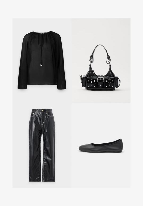 Blusa nera trasparente con maniche lunghe, scollatura arricciata e cordino con dettagli in argento. Tessuto leggero e fluido.; Pantaloni neri in finta pelle con taglio wide-leg, dotati di cuciture bianche, tasche anteriori e un bottone dorato in vita.; Pantofole da balletto nere in pelle con punta arrotondata, texture liscia, dettagli di cucitura minimi e design con suola flessibile.; Borsa a mano in pelle nera con design curvo, caratterizzata da borchie argentate, una fibbia e due tasche laterali. Tracolla regolabile per diverse opzioni di trasporto.