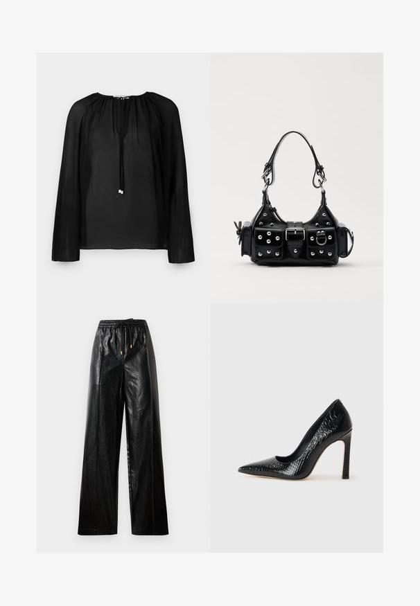 Juoda permatoma bliuska su ilgomis rankovėmis, raukšlėtu iškirpimu ir virvelėmis su sidabro akcentais. Lengvas ir plazdantis tekstūros jausmas.; Juodos odinės plačios kelnės su elastine juosta, raišteliu ir auksiniais akcentais. Lygus paviršius ir laisvas fasonas.; Juoda smailiakulnė aukšto kulno bateliai su krokodilo odos tekstūra, pasižymintys elegantišku dizainu, aukštu stiletu kulnu ir lygia juoda vidine dalimi.; Juodas odinis rankinukas su kreiviu dizainu, su sidabro spalvos knopkėmis, užsegimu ir dviem šoninėmis kišenėmis. Reguliuojama dirželis nešimui.