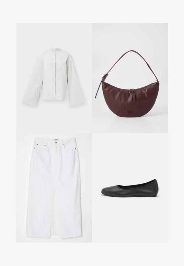 Svijetlosivi, teksturirani sako s mandarin kragnom, dugim zvonastim rukavima i prednjim kopčanjem na dugmad. Suptilni detalj šivanja na manžetama.; Bijela traper suknja koja ima prednji prorez, dizajn s pet džepova, metalno dugme i zatvaranje na patentni zatvarač, te šivane rubne detalje.; Crne kožne baletanke s zaobljenim vrhom, glatke teksture, minimalnim detaljima šavova i fleksibilnim dizajnom potplata.; Bordo kožni ručni torba s zakrivljenim dizajnom, koja ima zatvaranje na zip, dva zatvarača i kratku naramenicu. Posebnosti uključuju utisnuti logo.