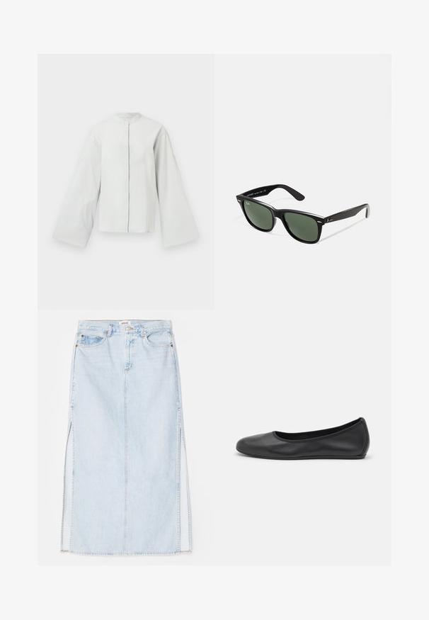 Chaqueta texturizada gris claro con cuello mandarín, mangas largas de campana y cierre de botón en el frente. Detalle de costura sutil en los puños.; Falda maxi de mezclilla azul claro con corte recto, que presenta aberturas laterales y diseño de cinco bolsillos. Costuras prominentes y cierre de botón metálico.; Bailarina de piel negra con punta redondeada, textura suave, detalle de costura minimalista y diseño de suela flexible.; Gafas de sol de plástico negro con lentes verdes, montura cuadrada, acento plateado en la ceja y brazos texturizados. Marca indicada en el brazo interno.