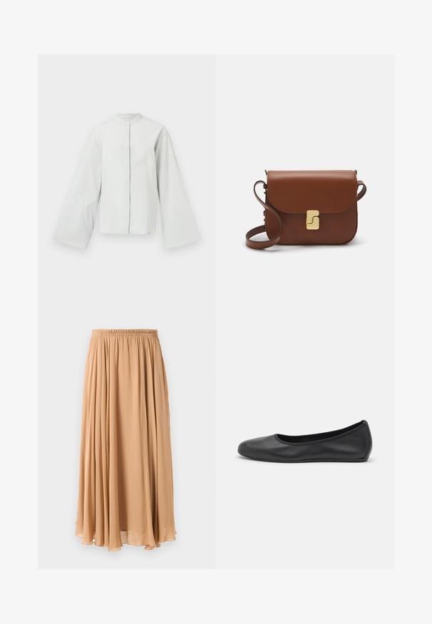 Lys grå, tekstureret jakke med mandarin krave, lange klokkeærmer og frontknaplukning. Subtil syning ved ærmeenderne.; Maxi nederdel i lys beige, lavet af let stof. Har en indsamlet elastisk talje og bløde pliser for bevægelse.; Sort læderballetsko med rund tå, glat tekstur, minimal syning og et fleksibelt såldesign.; Brun læder håndtaske med flaplukning, hardware i gyldent tone, en skulderrem og en glat overflade. Kompakt rektangulær form.