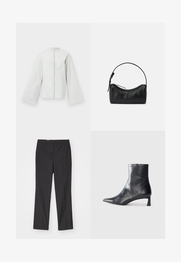 Light gray, textured jacket with a mandarin collar, long bell sleeves, and a front button closure. Subtle stitching detail at cuffs.; Black tailored trousers with a straight leg design, featuring belt loops and a smooth texture, made from lightweight fabric.; Black leather ankle boot with a pointed toe and a sleek design. Features a low heel and a zipper closure at the back. Smooth texture.; Black leather shoulder bag with a curved design, zip closure, and a slim strap. Features a smooth texture and subtle stitching details.