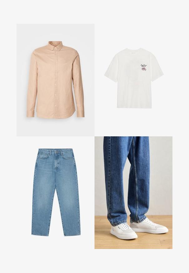 Světle béžová košile na knoflíky vyrobená z bavlny, s dlouhými rukávy, přiléhavým límcem a malým logem na hrudi. Hladká textura, klasický design.; Bílý bavlněný tričko s krátkými rukávy a kulatým výstřihem, s vyšívaným květinovým motivem v růžové a černé na levé části hrudi.; Světle modré džíny s širokými nohavicemi a vysokým pasem, které mají pět kapes, poutka na opasek a měkkou, mírně vybledlou strukturu.; Bílé tenisky s gumovou podrážkou, prodyšné detaily po stranách, v kombinaci s volnými, světle modrými džíny na dřevěné podlaze.