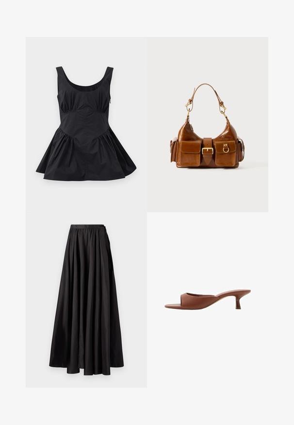 Mustassa hihattomassa mekossa on pyöreä pääntie, rypytetty vyötärö ja levenevä helma. Se on valmistettu kevyestä kankaasta, jossa on sileä pinta ja minimaalinen saumarakenne.; Pitkähihainen kerma jacket, jossa on pyöreä pääntie, kerroksellinen muotoilu ja rypytetty yksityiskohta alaosassa. Pehmeä kangas, jossa on sileä rakenne.; Musta maksihame, joka on valmistettu sileästä kankaasta ja jossa on kokoontaitettava vyötärö, täysi A-linjainen siluetti ja minimalistinen muotoilu ilman näkyvää metalliosaa.; Ruske avto čevlji s peto, odprti spredaj, z gladko mat površino, ki imajo ukrivljen dizajn in prozorno, stožčasto peto.; Ruskea nahkalaukku, jossa on kaareva muoto, kaksi kultaisen sävyistä metalliosaa, kaksi etutaskua ja leveä olkahihna. Silkkinen pinta ja tyylikäs viimeistely.