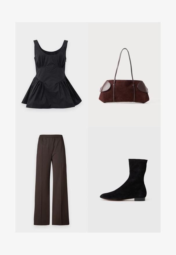Black sleeveless dress with a scoop neckline, gathered waist, and flared skirt. Made of lightweight fabric with a smooth texture and minimal seams.; Wide-leg trousers in dark brown fabric with an elastic waistband, featuring a smooth texture and clean lines for a tailored look.; Black suede ankle boot with a fitted shaft, pointed toe, and a low block heel. Smooth texture and minimalistic design, suitable for versatile styling.; Brown suede bag with leather accents, structured shape, dual shoulder straps, and rounded edges, featuring a smooth texture and minimal hardware.