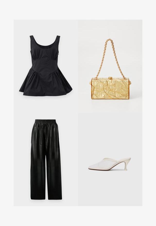 Black sleeveless dress with a scoop neckline, gathered waist, and flared skirt. Made of lightweight fabric with a smooth texture and minimal seams.; Black leather wide-leg pants with an elastic waistband, featuring two side pockets and a smooth, shiny texture.; White mesh pointed-toe mule with a slim mid-height heel and slip-on design against a plain background.; Gold crumpled-texture handbag with a rectangular shape, featuring a chain strap and a clasp closure on top. Smooth, shiny finish.