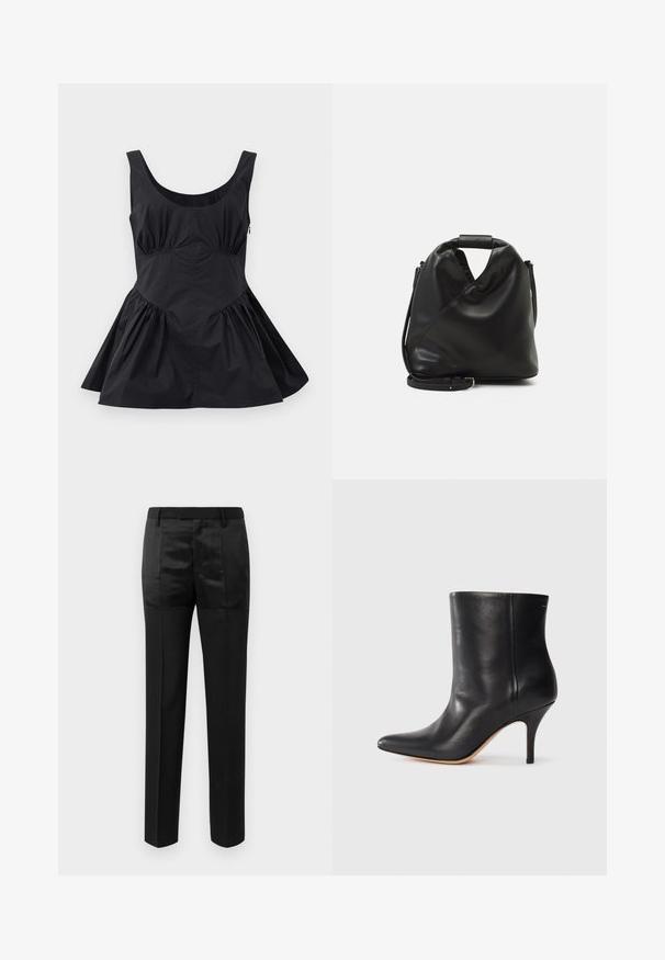 Black sleeveless dress with a scoop neckline, gathered waist, and flared skirt. Made of lightweight fabric with a smooth texture and minimal seams.; Black tailored trousers with straight legs and a waistband with belt loops, featuring a mix of matte and shiny fabric panels.; Black leather ankle boot with pointed toe, slim stiletto heel, and smooth texture. Minimalist design with no visible hardware or accents.; Black, soft leather bag with a unique twisted design. Features a short handle and a detachable shoulder strap. Minimalist style.