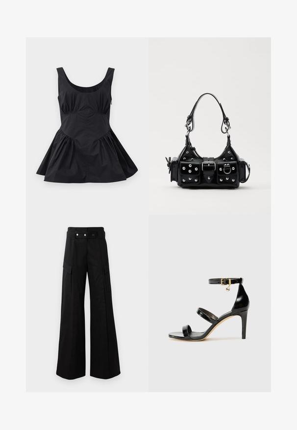 Czarna sukienka bez rękawów z dekoltem w serek, marszczonym pasem i rozkloszowanym dołem. Wykonana z lekkiego materiału o gładkiej teksturze i minimalnej ilości szwów.; Czarne szerokie spodnie z wysokim stanem, z dużymi bocznymi kieszeniami, dwoma guzikami z przodu i detalem w kształcie pętli. Wykonane z mocnej tkaniny.; Czarne lakierowane sandały na paski z trzema paskami, zapięciem na kostce i 10-centymetrowym obcasem w szpilce. Zawierają złote detale oraz zawieszkę z logo.; Czarna skórzana torebka w zakrzywionym kształcie, z srebrnymi ćwiekami, klamrą i dwoma bocznymi kieszeniami. Regulowany pasek umożliwiający różne opcje noszenia.