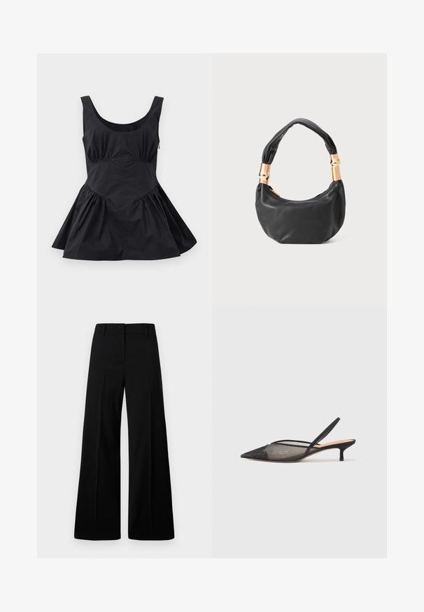Vestito nero senza maniche con scollatura a barchetta, vita arricciata e gonna svasata. Realizzato in tessuto leggero con una consistenza liscia e cuciture minime.; Pantaloni neri a gamba larga con texture liscia, fascetta strutturata in vita e pieghe frontali. Design minimalista senza hardware visibile.; NEOUS IRENA - Decolleté - black; Borsa a tracolla in pelle nera con una forma rotonda, texture morbida e manico annodato con dettagli in metallo dorato. Chiusura con zip.
