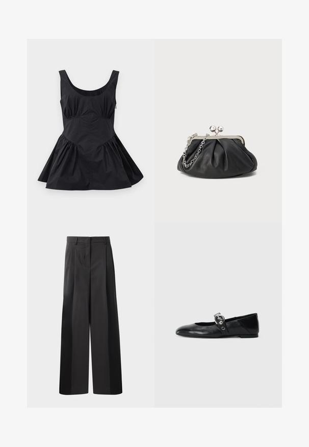 Vestido negro sin mangas con escote redondeado, cintura fruncida y falda acampanada. Hecho de una tela ligera con una textura suave y costuras mínimas.; Pantalones de pierna ancha negros con cintura alta, que presentan pliegues en la parte delantera, una textura suave y un acabado a medida. Diseñados para un ajuste relajado.; Mocasines de ballet de cuero negro con punta afilada, que cuentan con una correa con un cinturón metálico circular y una suela plana.; Clutch de cuero negro con textura arrugada, marco de metal en tono plateado, cierre de beso y cadena para colgar. Superficie suave y lisa.