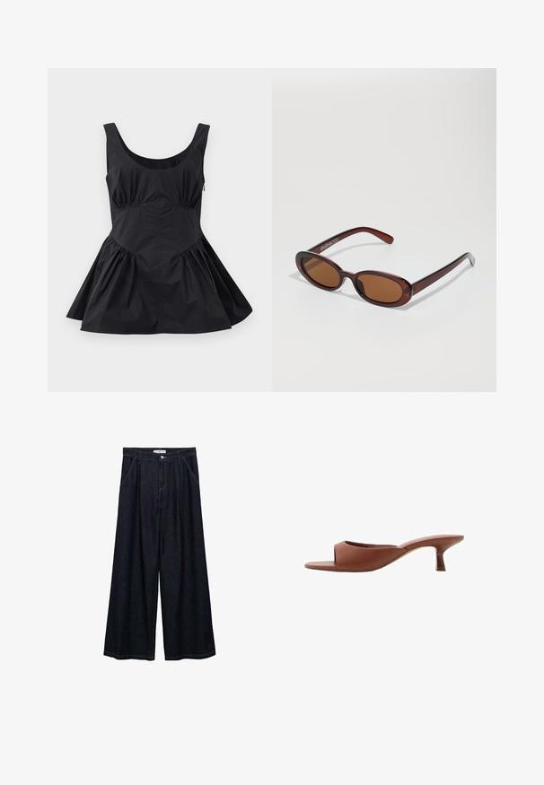 Black sleeveless dress with a scoop neckline, gathered waist, and flared skirt. Made of lightweight fabric with a smooth texture and minimal seams.; Dark denim wide-leg trousers with a high waist, featuring a front button closure, two side pockets, and stitching details.; Brown open-toe heeled mules with a smooth, matte finish, featuring a curved design and a transparent, tapered heel.; Round, brown-tinted sunglasses with a glossy burgundy frame. Slim arms with subtle branding detail. Flat lens design.