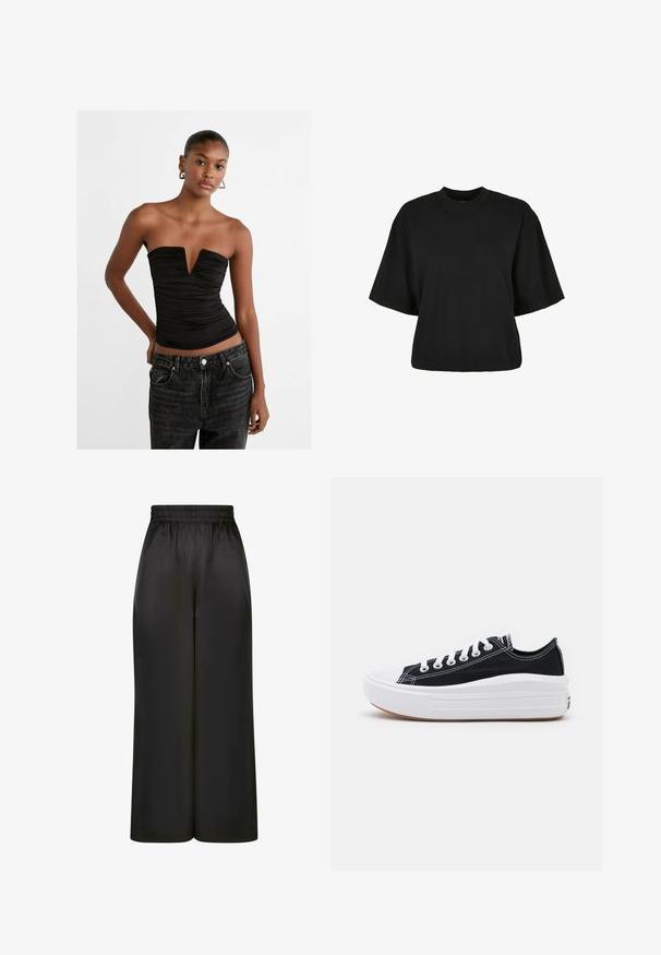 Black strapless top with a deep V-neck and ruched texture. Paired with high-waisted dark denim jeans featuring a button fly and front pockets.; Black cropped t-shirt made of cotton. Features short sleeves and a round neckline. Smooth texture with a simple design, no additional patterns.; Black wide-leg pants made of smooth, shiny fabric with an elastic waistband and no visible pockets or hardware details.; Black canvas sneakers with white laces, white rubber toe cap, and a chunky white midsole. Features subtle white stitching and a gum sole.