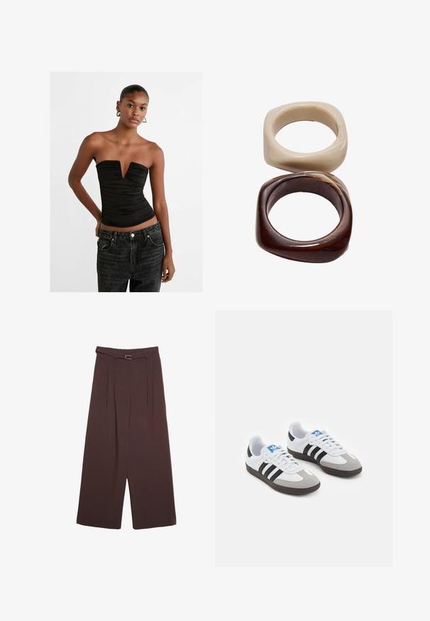 Black strapless top with a deep V-neck and ruched texture. Paired with high-waisted dark denim jeans featuring a button fly and front pockets.; Stradivarius WIDE-LEG WITH BUCKLE DETAIL - Trousers - dark brown; Sport shoes with a white leather upper, gray suede toe, and three black stripes. Features a blue logo on the tongue and a textured rubber sole.; Stradivarius SET - Bracelet - dark brown