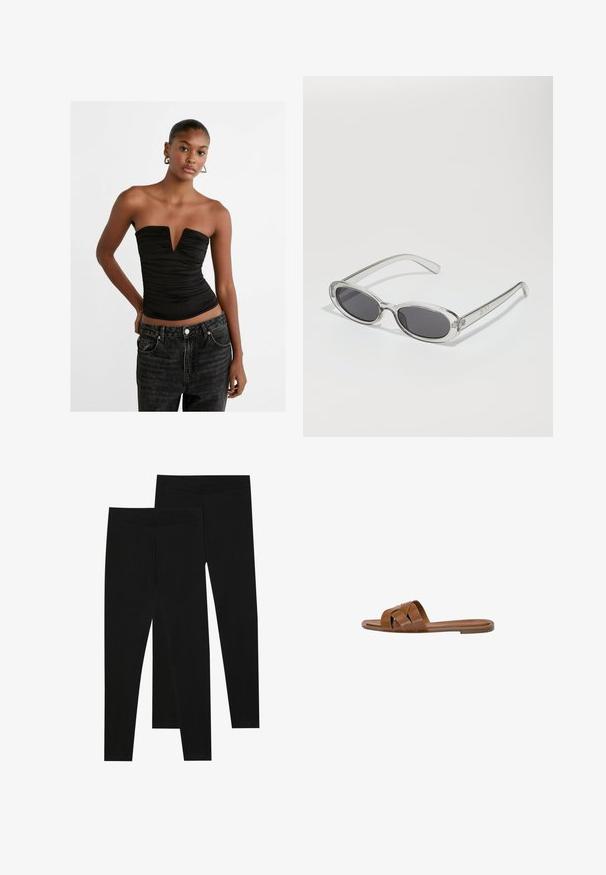 Top nero senza spalline con scollatura a V profonda e texture arricciata. Abbinato a jeans in denim scuro a vita alta con chiusura a bottoni e tasche frontali.; Leggings neri realizzati in tessuto elastico, con una vita senza cuciture e un design slim fit, adatti per l'abbigliamento casual o per l'esercizio.; Sandalo in pelle marrone con fasce incrociate, suola piatta e una texture liscia. Design semplice senza decorazioni o motivi.; Occhiali da sole con forma ovale, montatura in plastica trasparente, lenti grigie scure e aste sottili trasparenti con accenti di logo e dettagli minimi.