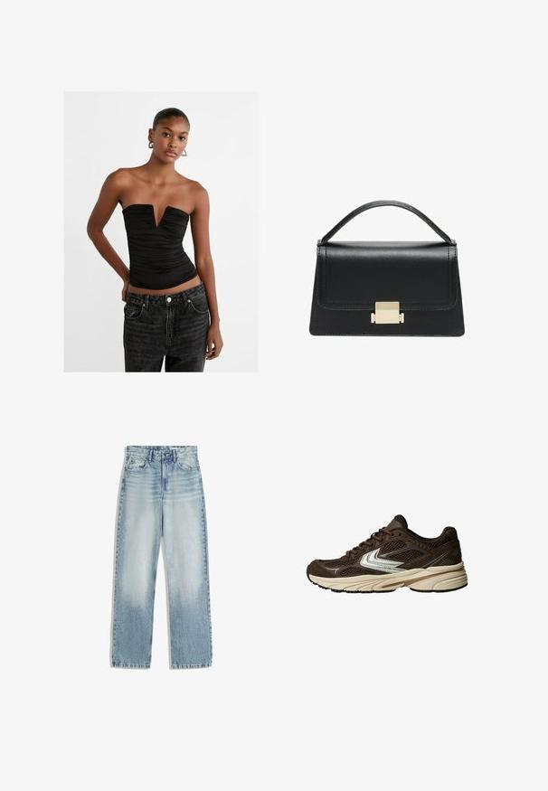 Schwarzes trägerloses Oberteil mit tiefem V-Ausschnitt und gerafftem Textil. Kombiniert mit hoch taillierten, dunklen Jeans aus Denim mit Knopfverschluss und vorderen Taschen.; Helle blaue Jeans, hoch geschnitten, mit geradem Bein. Besitzt das klassische Fünf-Taschen-Design und leichte Auswaschungen an der Vorderseite.; Brauner Sportschuh mit Mesh-Einsätzen, einem weißen Akzentdesign, einer gepolsterten Gummisohle und einem strukturierten Stoffoberteil für Atmungsaktivität.; Schwarze Lederhandtasche mit strukturiertem Design, oberem Griff und einem goldenen Metallschnappverschluss auf der Vorderseite. Glatte Textur, minimale Nähte.; Goldfarbene Clip-Ohrringe mit zylindrischer Form, geripptem Design, glatter Oberfläche und poliertem Finish.