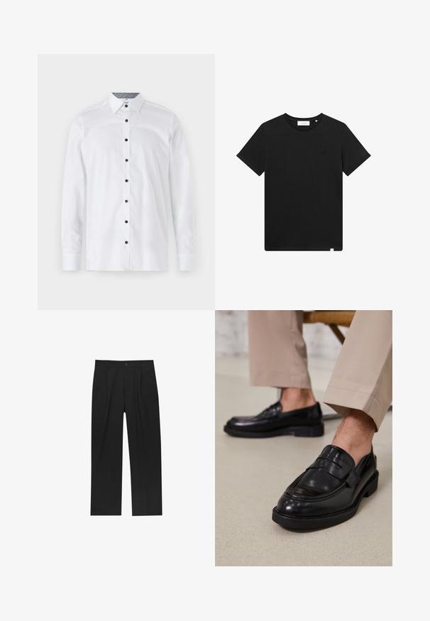 Chemise blanche à manches longues en coton, dotée d'une fermeture à boutons à l'avant avec des boutons bleus et un col intérieur à motifs. Texture lisse.; T-shirt noir à manches courtes en coton, avec un col rond et un petit logo brodé sur la poitrine. Texture lisse, coupe standard.; Pantalons noirs au design droit, fabriqués à partir d'un tissu lisse. Dotés de plis sur le devant et d'une fermeture à un bouton à la taille.; Mocassins en cuir noir avec une finition lisse, ornés d'une sangle décorative et de coutures contrastées, associés à un pantalon beige.