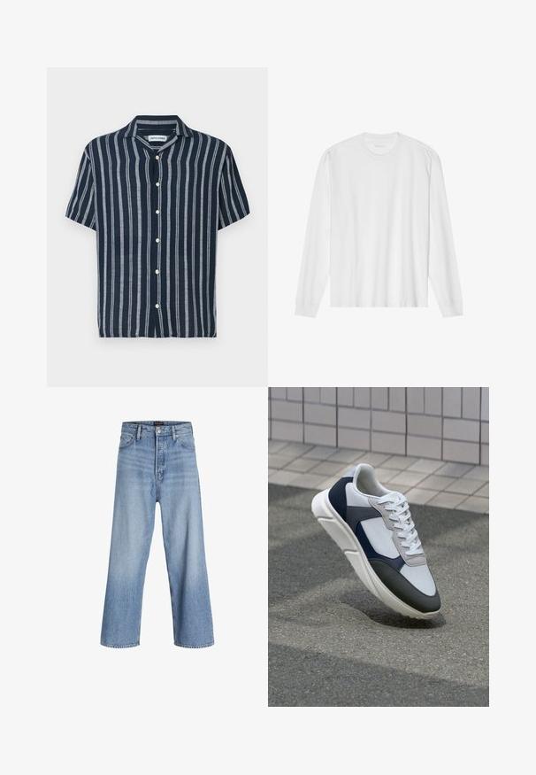 Tengerés kék, rövid ujjas, gombos ing világoskék csíkokkal. Klasszikus gallérral és öt elülső gombbal rendelkezik. Könnyű anyagból készült.; Hosszú ujjú fehér pamut póló, kerek nyakkivágással és bordázott mandzsettákkal. Egyszerű, díszítés nélküli dizájn, sima tapintással és normál fazonnal.; Világoskék farmer széles lábú nadrág magas derékkal, gombos zipzárral, öt zsebes kialakítással és enyhe kopással. Tiszta szegélyek.; Fehér, tengerészkék és szürke sneaker vegyes anyagokból készült dizájnnal, amely textúrázott felsőrésszel, lapos fűzőkkel és párnázott talppal rendelkezik.