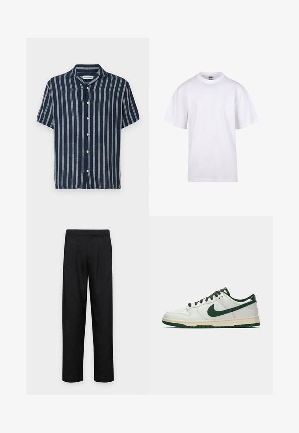 Kortärmad skjorta med knappar i marinblått med ljusblå ränder. Har en klassisk krage och fem framknappar. Tillverkad av lättviktig tyg.; Vit bomullströja med rund halsringning, korta ärmar och en avslappnad passform. Har en enkel design utan mönster eller accenter.; Svarta byxor i slät väv, med rak ben-design, två framfickor och standardmidja med bälteshällor.; Vit lågprofilsneaker med mörkgrön Nike-swoosh, snören och sulaccenter, visad i profil mot en neutral vit bakgrund.