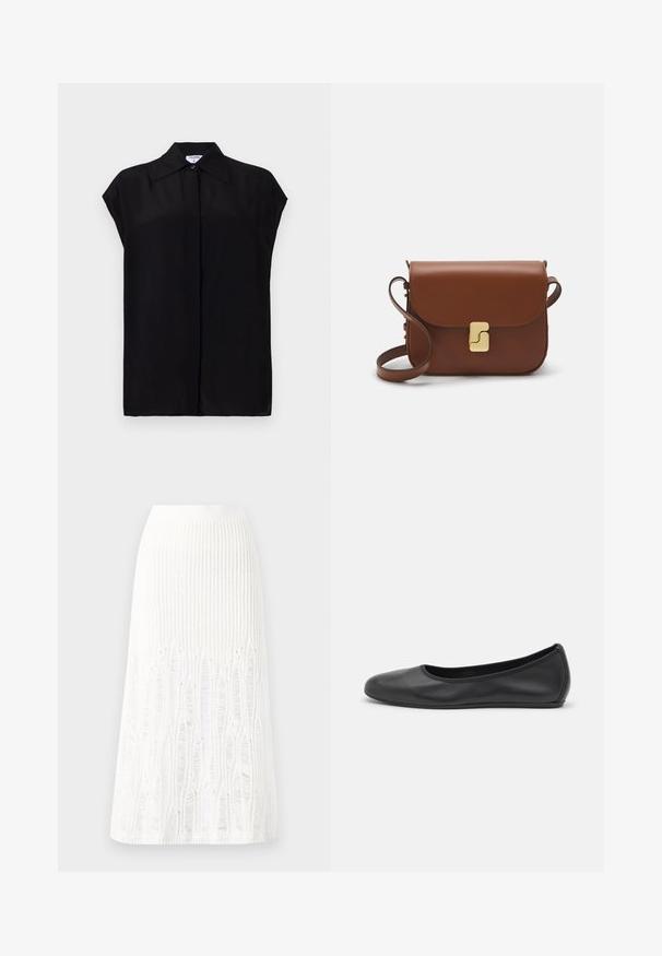 Melns, īsām piedurknēm blūze, kas izgatavota no gludas auduma. Tam ir norādīta apkakle un pogu aizdare priekšā. Tīrs, minimālists dizains.; Adīts balts midi svārki ar teksturētu rakstu, kas ietver vertikālas līnijas un izgriezumus pie apakšmalas. Elastīgs vidukļa jostasvads. Mīksts materiāls.; Melna ādas baleta kurpe ar noapaļotu purngalu, gludu tekstūru, minimālu šuvju detalizāciju un elastīgu zoles dizainu.; Bordo ādas rokas soma ar atloku, zeltītām detaļām, plecu siksnu un gludu virsmu. Kompakta, taisnstūrveida forma.