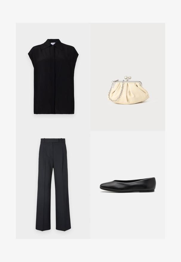 Crna kratka bluzica od glatkog materijala. Ima oštru kragnu i kopčanje sa dugmadima duž prednje strane. Čist, minimalistički dizajn.; Tamno plave prugaste hlače visokog struka, širokih nogavica, bez vidljive opreme ili ukrasa. Glatka tekstura i kroj prilagođen tijelu.; Paul Smith TOPANGA - Balerinke - black; Nabrana bež kožna torbica s srebrnim metalnim okvirom, koja sadrži dva okrugla dekorativna kopčanja i srebrnu lančanu naramenicu.