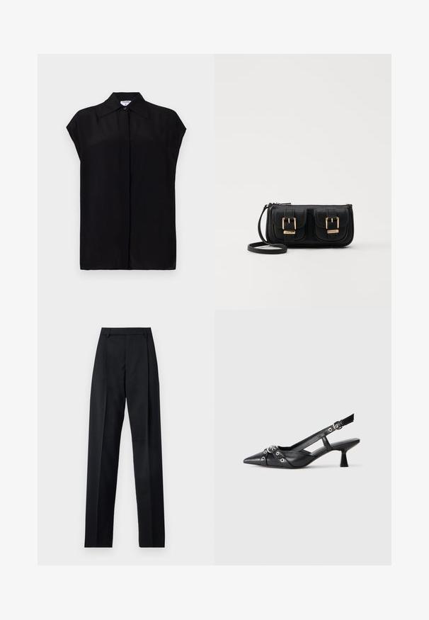 Sort, kortærmet bluse lavet af glat stof. Har en spids krave og en knaplukning foran. Rent, minimalistisk design.; Sorte bukser lavet af glat stof, der har høj talje, brede ben, frontfolder og klassiske bælteløkker. Ingen synlige sidelommer.; Sort lædersandal med spids tå, dekorative stropper med metaløjer og en lav blokhæl. Struktureret overflade.; Sort læder crossbody taske med to frontlommer, guldspænder, lynlåslukning og en slank rem. Struktureret overflade og kompakt rektangulær form.