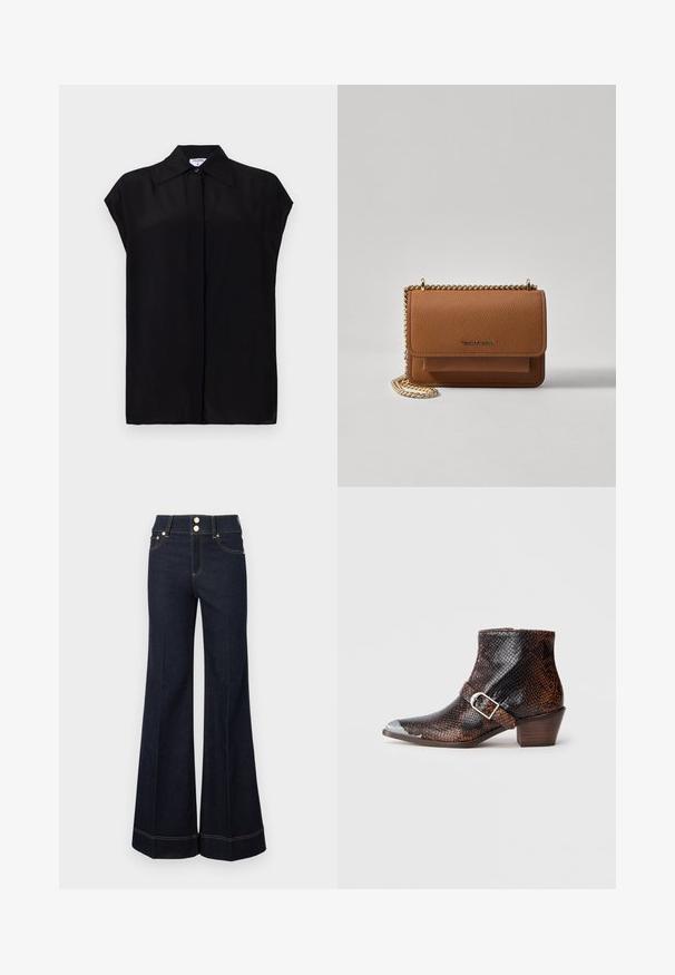 Crna kratka bluzica od glatkog materijala. Ima oštru kragnu i kopčanje sa dugmadima duž prednje strane. Čist, minimalistički dizajn.; Tamno plave visokopretročne široke traperice s prednjim džepovima, s dva vidljiva dugmeta i detaljima žutog šivenja.; Crne i smeđe čizme do članaka s uzorkom zmije, s srebrnim čeljustim poklopcem, akcentom kopče i niskim drvenim potplatom. Glatka tekstura, pripijen dizajn.; Smeđa kožna torba preko tijela s teksturom, zlatnim lančićem i preklopom na zatvaranju. Na prednjoj strani nalazi se detalj s potpisom i džep ispod preklopa.