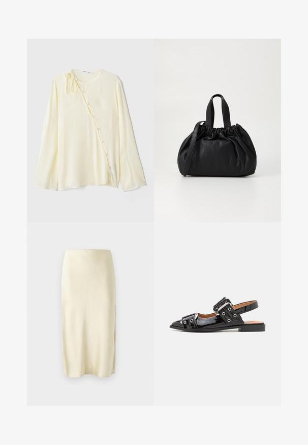 Blouse jaune à manches longues en tissu satiné, avec un col rond, fermeture latérale à boutons décoratifs et un accent noué à l'épaule.; Jupe midi en satin jaune pâle avec une texture lisse, présentant une fente latérale et un design à coupe droite. Silhouette simple et élégante.; Escarpin en cuir verni noir avec un bout pointu, présentant deux grands accents de boucle et des œillets sur les côtés. Semelle plate.; Sac à main en cuir noir avec un design à haut froncé, doté de deux poignées courtes et d'une bandoulière longue et réglable. Texture lisse, forme arrondie.