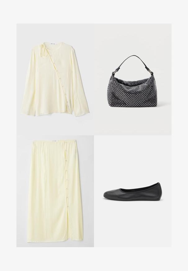 Long-sleeve yellow blouse in silky fabric, featuring a round neckline, side button closure with decorative buttons, and a tied accent at the shoulder.; Long, pale yellow skirt made of soft fabric with a side slit and button closure, featuring a smooth texture and relaxed fit.; Black leather ballet flat with a rounded toe, smooth texture, minimal stitching detail, and a flexible sole design.; Black and silver handbag with a woven, textured surface featuring square patterns, a single top handle, and a slouchy design.