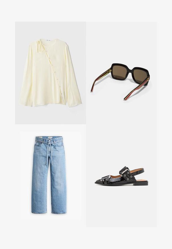 Bluză galbenă cu mânecă lungă din material satinat, cu decolteu rotund, închidere laterală cu nasturi decorativi și un accent legat la umăr.; Jeanși cu talie înaltă, de culoare albastru deschis, cu picioare largi, închidere cu nasture și fermoar, și detaliu cu șnur la talie. Terminare brută a marginii.; Sandal din piele lacuită neagră cu vârf ascuțit, având două accesorii mari cu cataramă și detalii cu gromete pe laterale. Talpă plată.; Ochelari de soare supradimensionați negri cu lentile maro. Dispun de brațe unice cu dungi în verde și roșu, precum și accente din metal aurie. Formă pătrată.