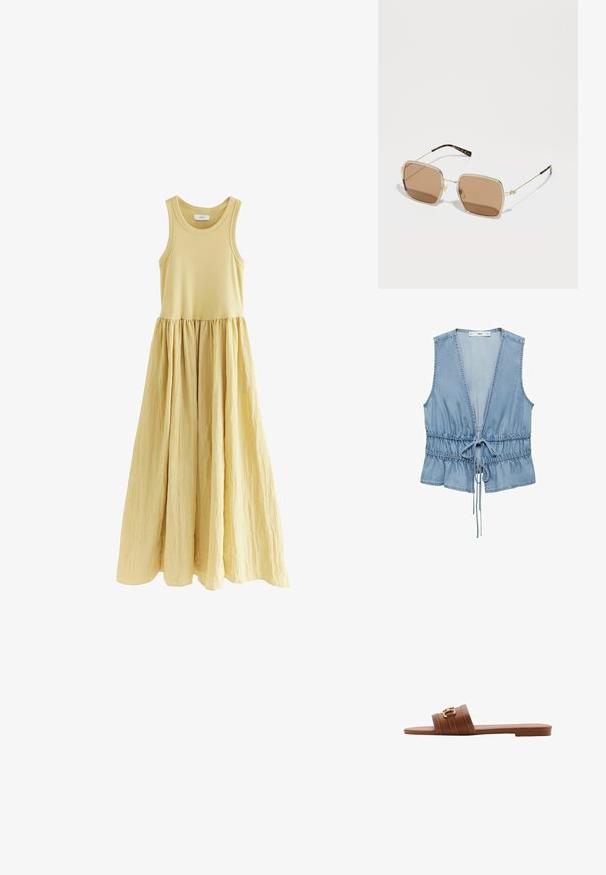 Traper bezrukavni prsluk u svijetloplavoj boji s dubokim V-izrezom, podesivim strukom s užetom i volanom na rubu. Mekana tekstura s ležernim dizajnom.; Maksi haljina bez rukava u mekanom žutom. Priljubljen gornji dio s A-linijom i naboranom suknjom. Glatka tekstura tkanine s definiranim strukom.; Smeđi kožni sandali za nošenje s dva široka remena, s dekorativnim šavovima i akcentom od zlatnog tona na kopči. Dizajn ravnog poda.; Zlatne sunčane naočale kvadratnog oblika, smeškolikog stakla, sa suptilnim zelenim i crvenim akcentima na okviru. Tanji, elegantni drški.; Zlatna bangle narukvica s glatkom površinom i sedam prozirnih rhinestonea ravnomjerno raspoređenih duž trake. Ugravirani logo unutra.