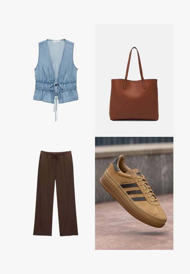 Denim mouwloos vest in lichtblauw met een diepe V-hals, verstelbare trekkoord taille en een gerimpelde zoom. Zachte textuur met een casual ontwerp.; Bruine wijde broek gemaakt van zachte stof, met een elastische tailleband en een trekkoord, en twee zijzakken.; Tansuede sneakers met een gladde textuur, voorzien van drie donkere strepen, een ronde neus en een dikkere zool met een gemarmerde rand.; Bruine leren tote bag met een gladde textuur, een ontwerp met een open bovenkant en twee schouderbanden. Kenmerkt zich door minimale stiksels en geen zichtbare hardware.
