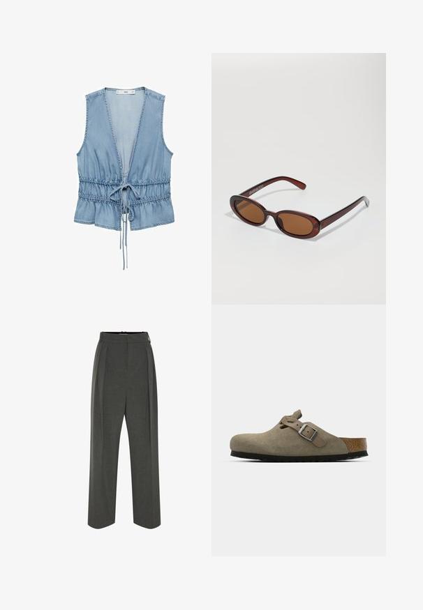 Sinivihreä denimi ilman hihoja, syvällä V-kaula-aukolla, säädettävällä naru vyötäröllä ja röyhelöhelmalla. Pehmeä rakenne ja rento muotoilu.; Harmaat leveälahkeiset housut teksturoidusta kankaasta, joissa on korkea vyötärö ja etupilkut. Mallissa on sileä vyötärönauha ilman näkyviä kiinnityksiä.; Korkkipohjaiset mokkanahkaiset klossit vaaleassa oliivinvihreässä. Varustettu metallisoljella ja pyöristetyllä varpaalla.; Pyöreät, ruskehtavat aurinkolasit, joissa on kiiltävä burgundinpunainen runko. Kapeat sivut, joissa on hienovarainen brändäys. Litteät linssit.; Mustassa nahkatote-laukussa on kaksi kantohihnaa ja edessä on painettu logo. Laukun muoto on jämäkkä ja pinta sileä. Ei lisäkoristeita.