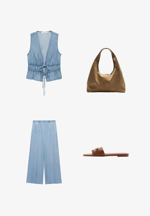 Sinivihreä denimi ilman hihoja, syvällä V-kaula-aukolla, säädettävällä naru vyötäröllä ja röyhelöhelmalla. Pehmeä rakenne ja rento muotoilu.; Vaaleansiniset leveälahkeiset farkut, jotka on valmistettu denimmateriaalista. Mukavuuden vuoksi vyötärö on venytettävä. Sileä pinta, joissa on siistit saumat ilman koristeluja.; Ruske nahkaste sanitarne sandale z dvema širokima trakovoma, ki imajo okrasni šiv in zlat toniran gumb. Oblika ravnega podplata.; Ruskea kangaskassi, jossa on leveä, pyöristetty muoto ja suuri leikattu kahva. Pehmeä pinta, minimalistinen muotoilu ja ei näkyvää metalliosaa.