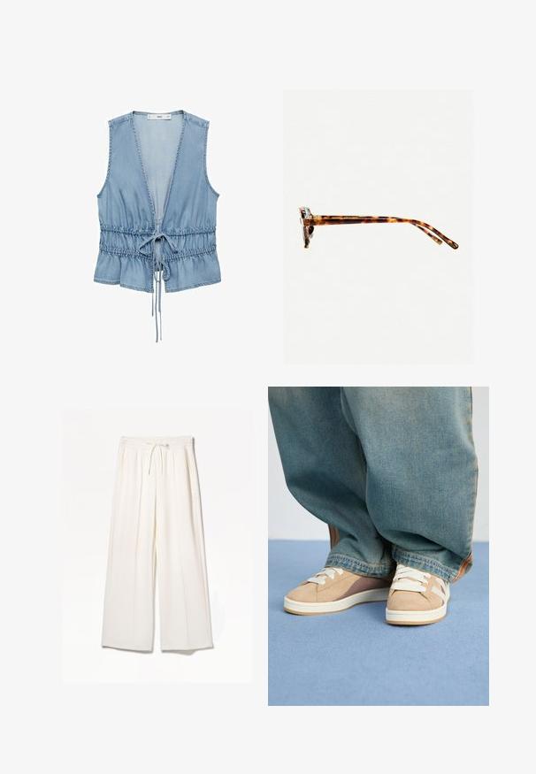 Vest din denim fără mâneci, de culoare albastră deschisă, cu decolteu adânc în V, talie ajustabilă cu șnur și tiv volanat. Textură moale cu un design lejer.; Pantaloni wide-leg albi, confecționați dintr-un material ușor, având un brâu elastic, șnur și buzunare laterale fără modele vizibile.; Adidași bej din materiale de velur și țesătură, având șireturi albe, accente maro deschis și o talpă texturată. Purtați cu pantaloni lejeri din denim albastru.; Ochelari de soare cu ramă de țestoasă, cu un cadru gros, temple ușor curbate și textură netedă. Prezintă un design clasic, cu o finisare lucioasă.; Geantă din piele vegană de culoare bej, cu două mânere, curea de umăr detașabilă, cusături negre de accent și un mic logo negru în față.